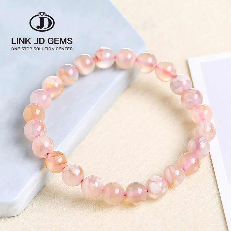 

JD 8mm Natural Cherry Blossom Agate Stone Beads Smooth Round Mixed Charm Flower Gemstone For Jewelry Making DIY women Bracelet