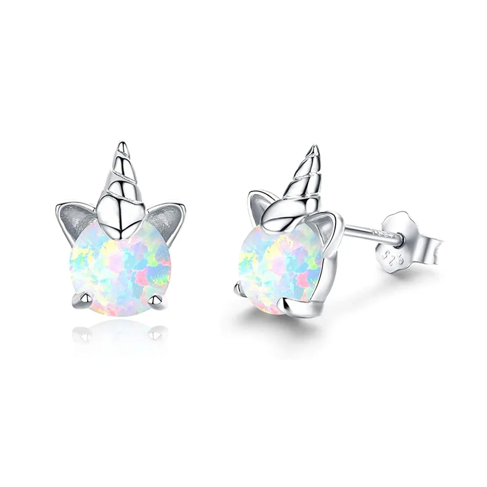 

2021New Fashion Copper Inlaid White Opal Jewelry Unicorn Cat Design Opal Stud Earring For Women Kids, Rose gold