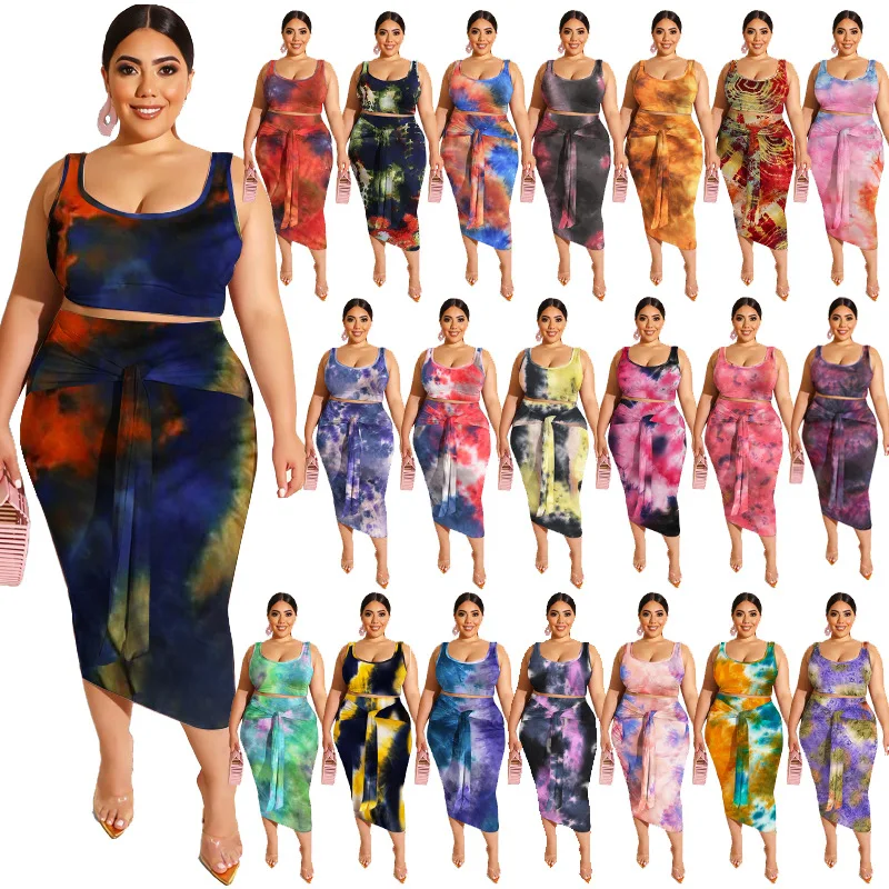 

2021 New Arrivals Summer Tie dye two piece short set wrap skirts  plus size women clothing, 21 colors