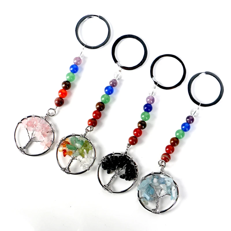 

Wholesale natural crystal rose quartz chips tree key chain
