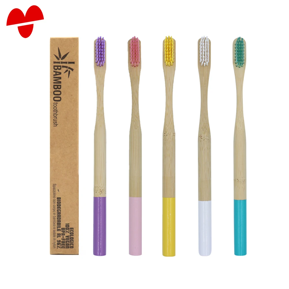 

Yangzhou Ecofriendly Natural Flat Handle Rainbow Bristles Adult Bamboo Toothbrush With box
