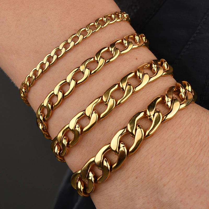 High Polish 18K Gold Plated Stainless Steel Waterproof Cuban Chain Bracelet Flat Figaro Chain Bracelet For Man Women