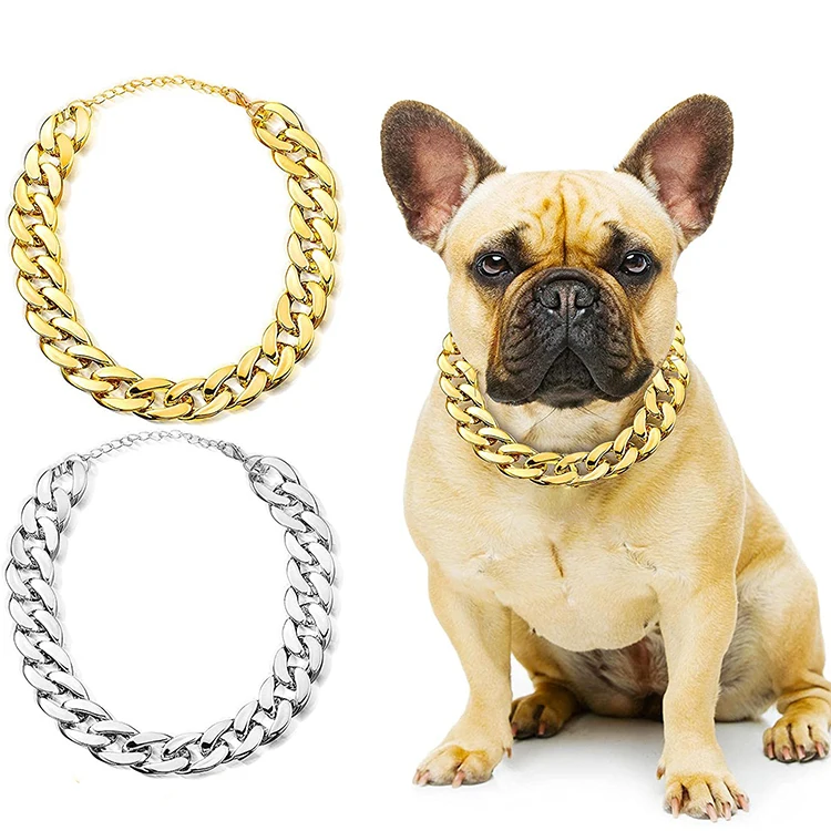 

Customization Luxury Fashionable Lightweight Adjustable Cuban Link Gold Silver Metal Aluminum Pet Dog Cat Chain Collar Necklace, Golden,silver