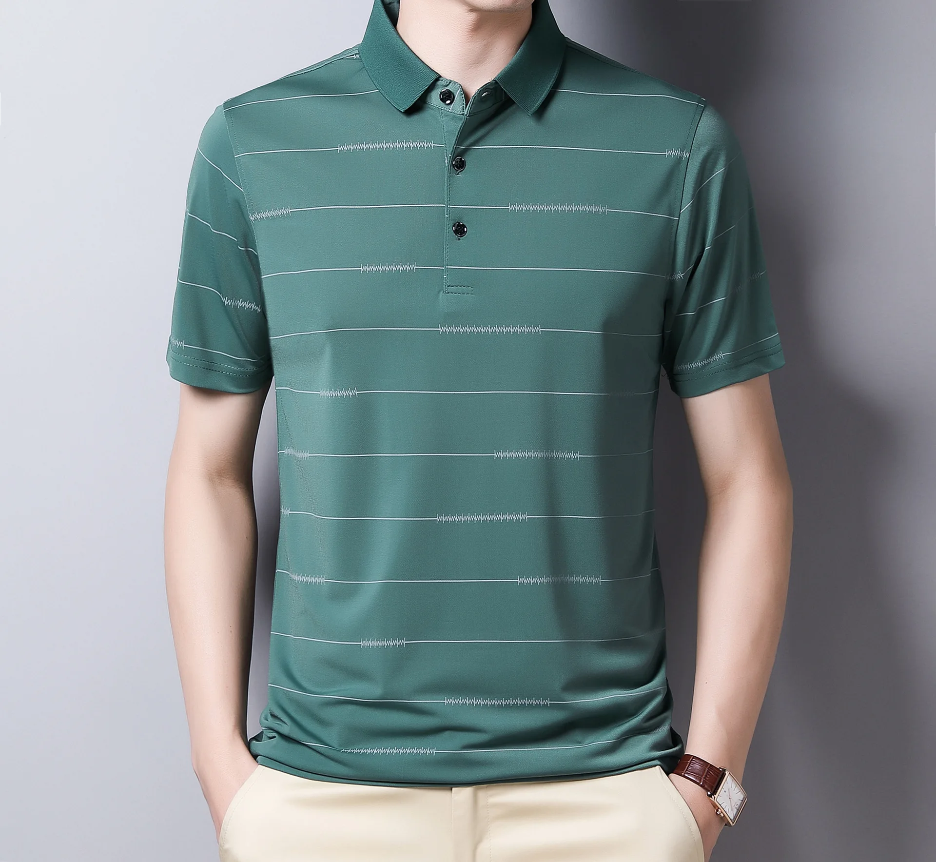 

Men Shirts Golf Shirt Slim-Fit Quick-Dry Stripe Polo Regular-Fit Pocket Golf Polo Shirts For Men, Green/balck/pink /gray/navy
