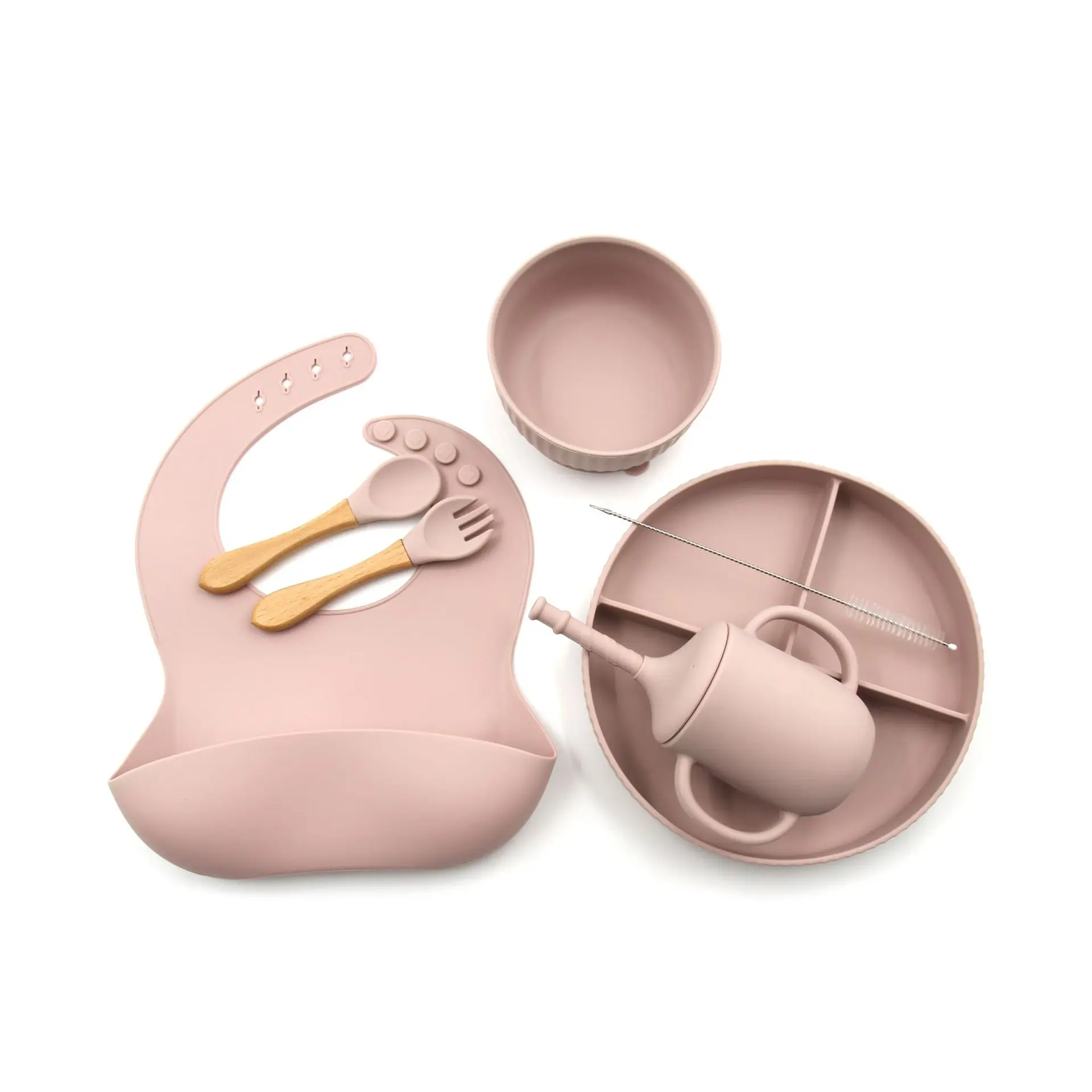 

Hot sales Baby Silicone Essential Set 7 in 1 Silicone Plate and Lid Suction Bowl Bib Spoon Fork Cup Dropshipping, Many