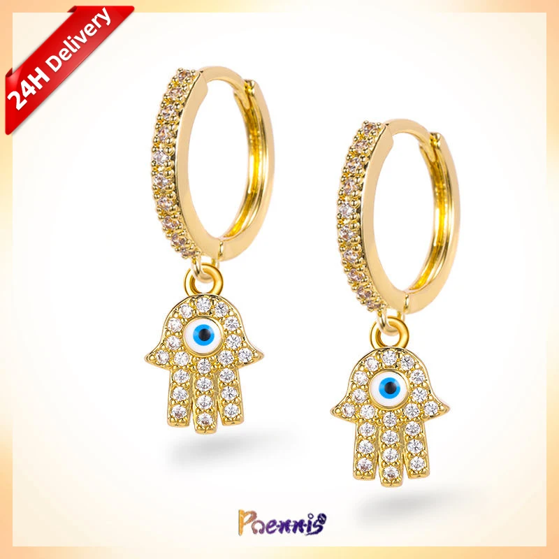 

POENNIS new design gold filled plated ear buckle 01 zircon palm eyes pendant statement hoop earrings