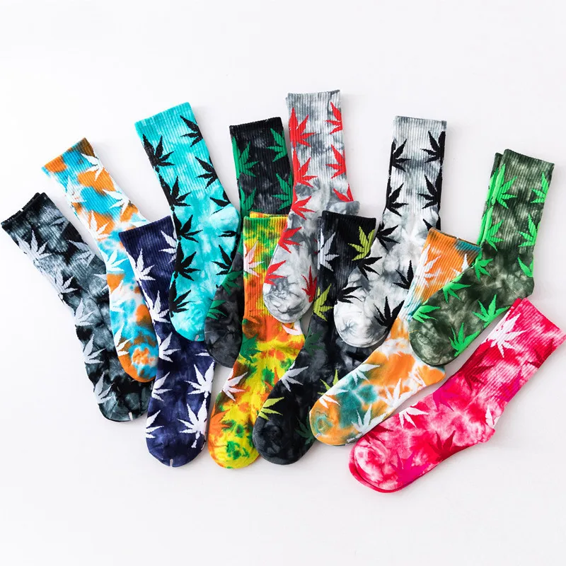 

Personalized Weed Socks Tie Dye Athletic Socks Organic Cotton Maple Leaf Tie Dyed Crew Anti-Bacterial Sport Men Weed Socks