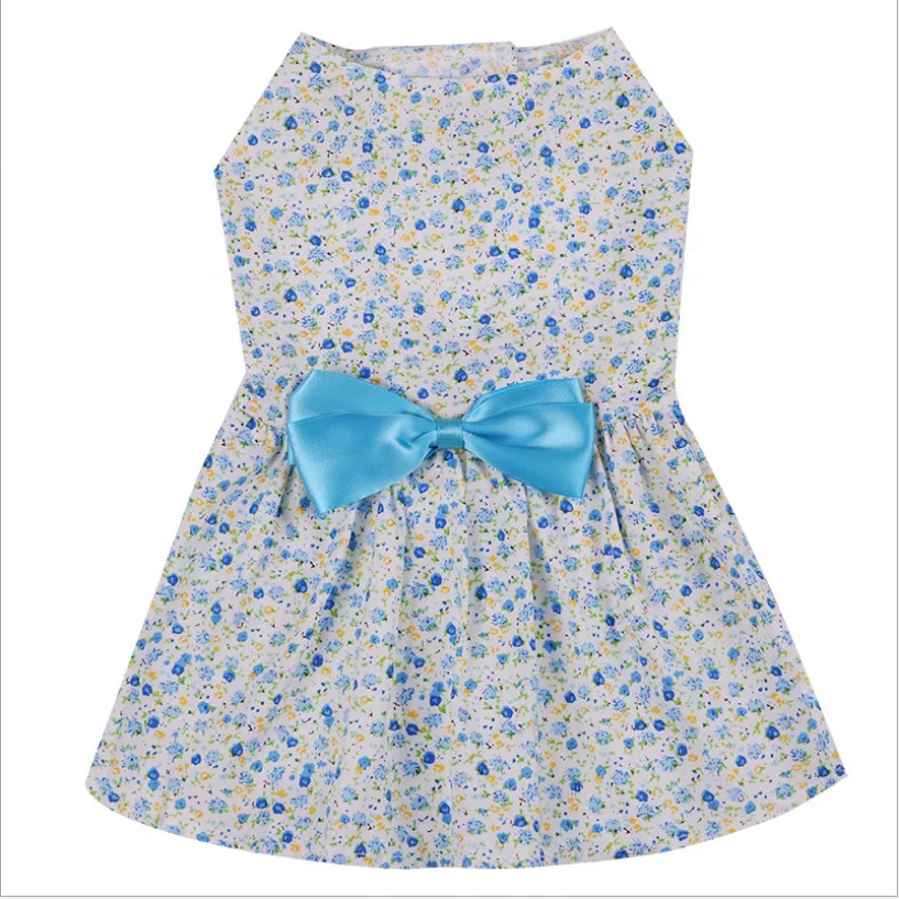 

Polyester Thin Breathable Dog Skirt Bowknot Floral Print Dog Dress Spring Summer Small Dog Lovely Comfortable Princess Dress, Blue/pink