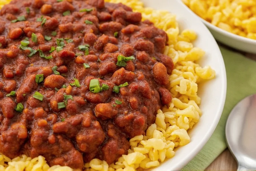 Finished chili served in white bowl with toppings