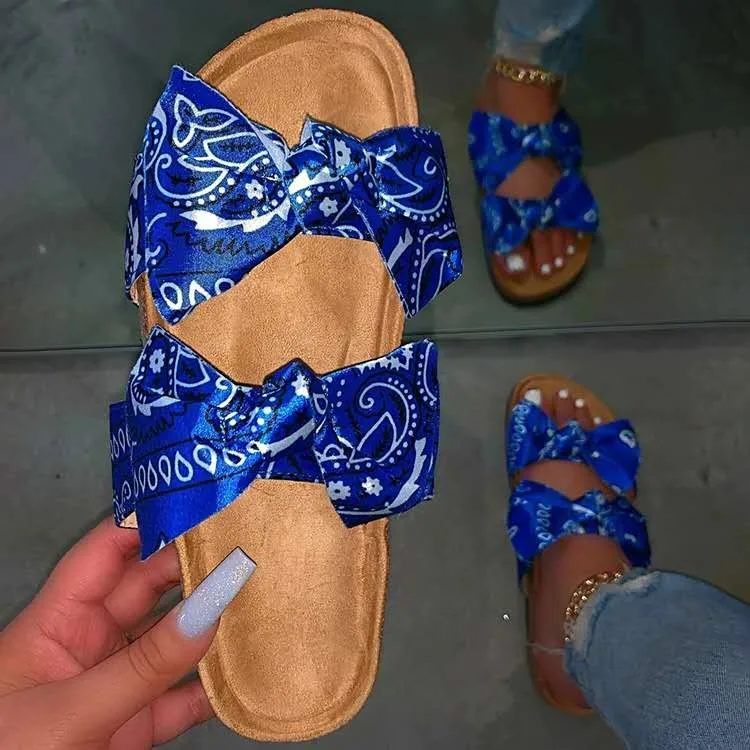 

Trendy New women outdoors comfort printing slides ladies flat bow sandals, Black,green,red,white,blue,orange