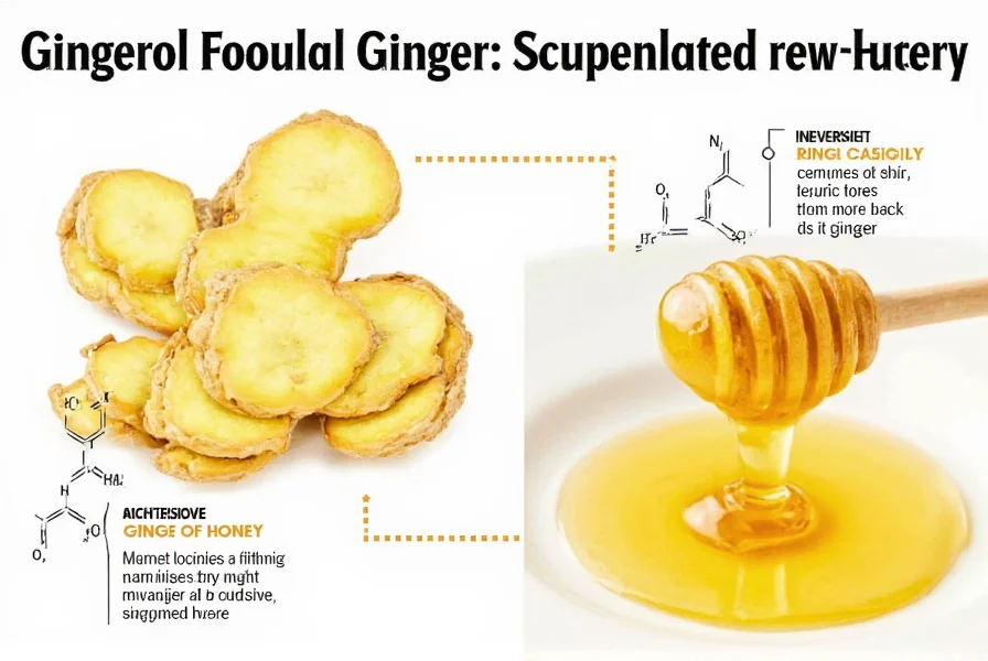 Infographic showing molecular structure of gingerol compounds in ginger and beneficial enzymes in raw honey