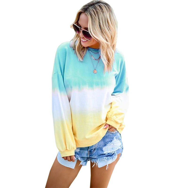 

Women Plus Size Long Sleeve Tops Private Label Rainbow Ombre Crew Neck Sweatshirts, Black, blue, purple, pink, gray, khaki, light green, light blue