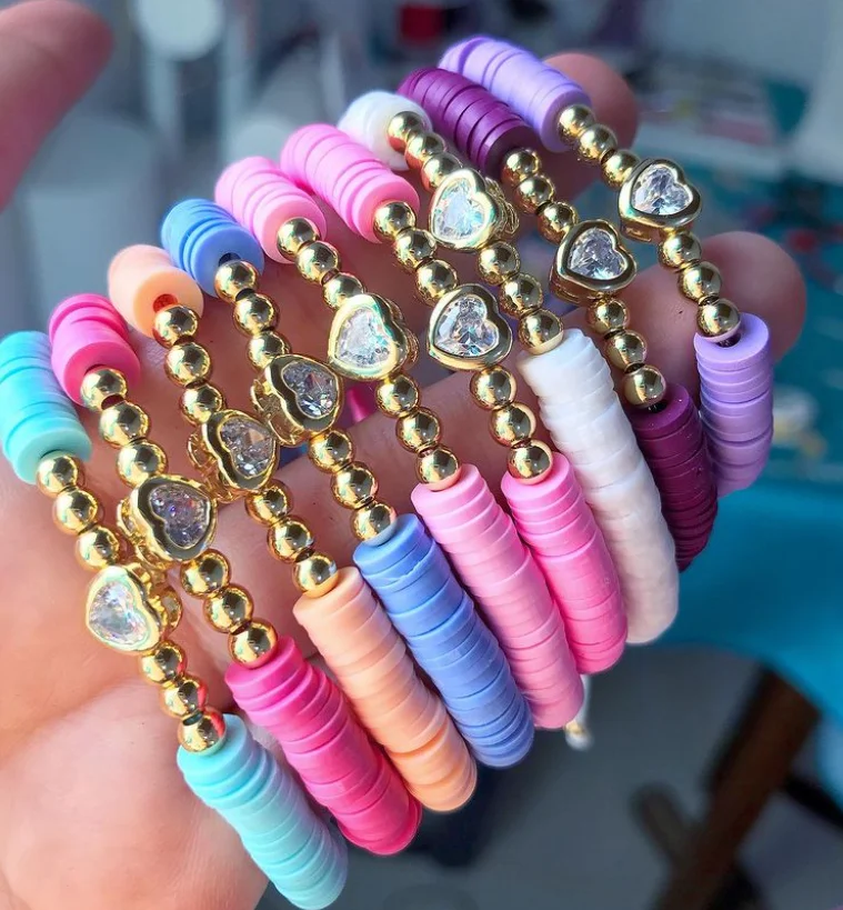 

Colorful Rainbow Clay Heishi beaded cz micro pave heart bracelet