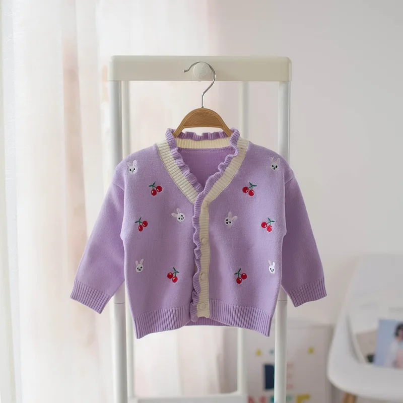 

Girl Multicolor Cardigan Embroidered Cherry Child Coat Autumn and Winter Children's Sweater