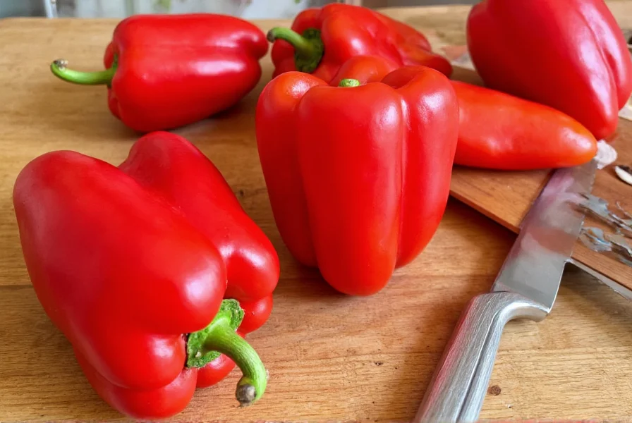 Fresh red bell peppers arranged on wooden cutting board with cooking utensils