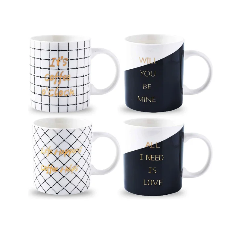 

Set Of 4 New Bone China Romantic Love Inspirational Ceramic Coffee mug with gold decal designs, Pms color