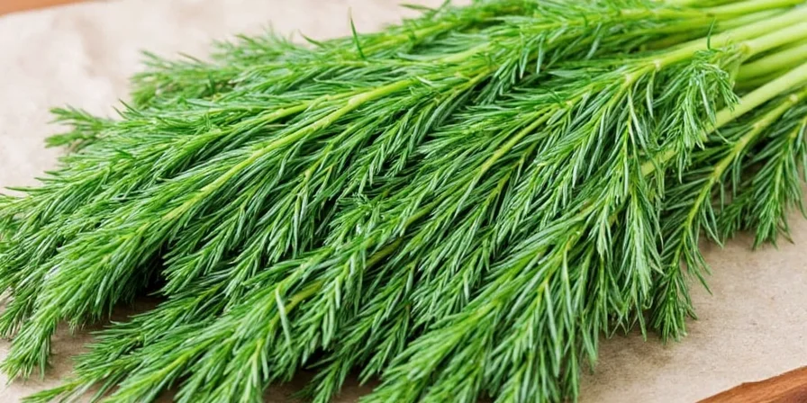 Different kinds of dill laid out on a rustic wooden table