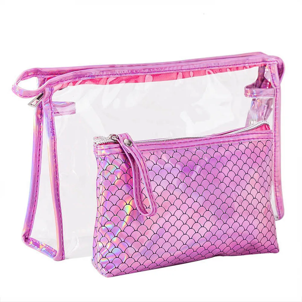 

Fish Scales 2 Pieces Laser PVC Makeup Bags Set Waterproof Travel Cosmetic Pouch Zipper Open Laundry Bag Women Clear Make Up Bag, Multi printings