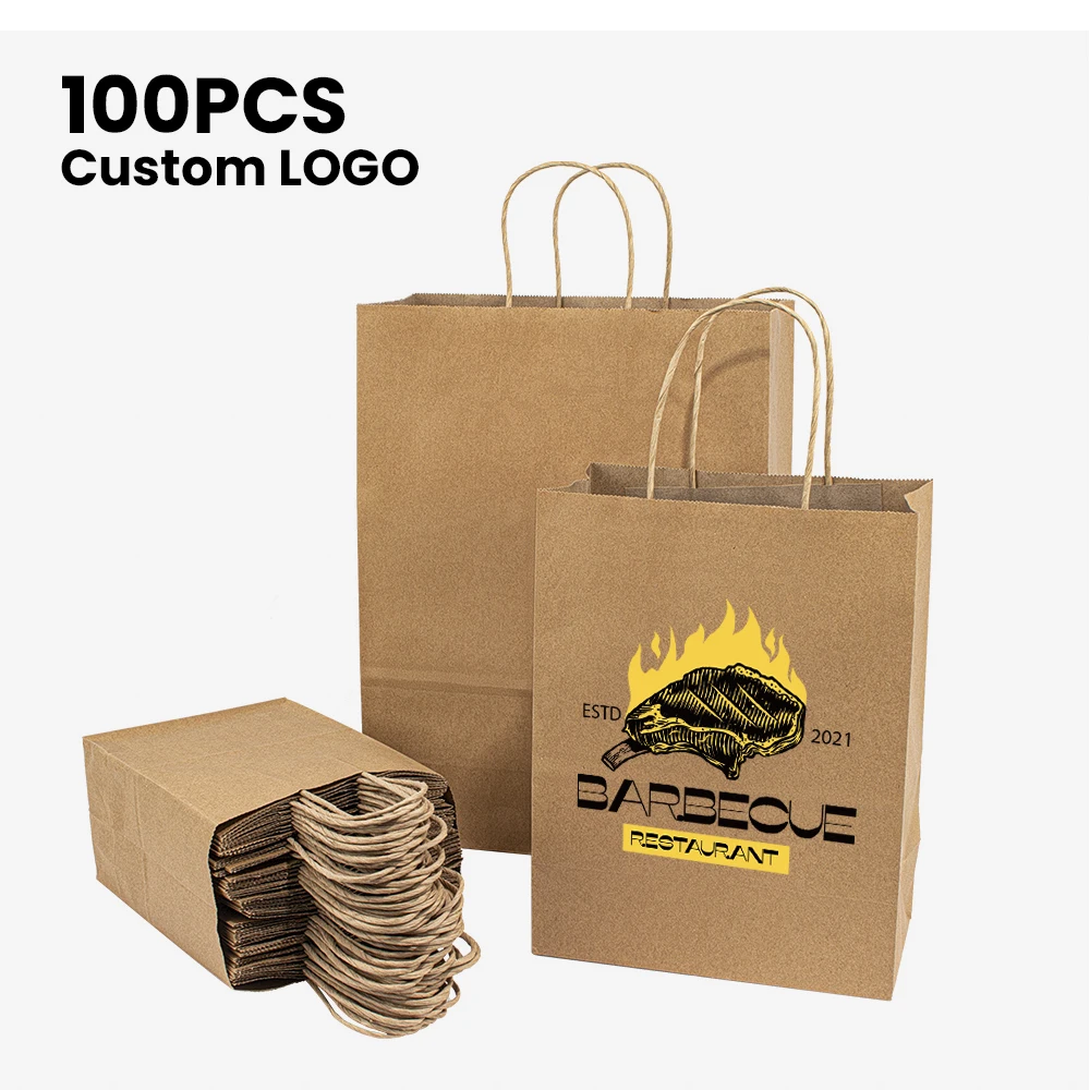 

Low MOQ custom logo graphic printed brown white Kraft shopping party gift paper bag handle with your own logo