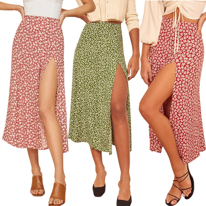 

2021 Summer Flower Polka Dot Printed New High Waist Stretch Split Long A-line Women Skirt