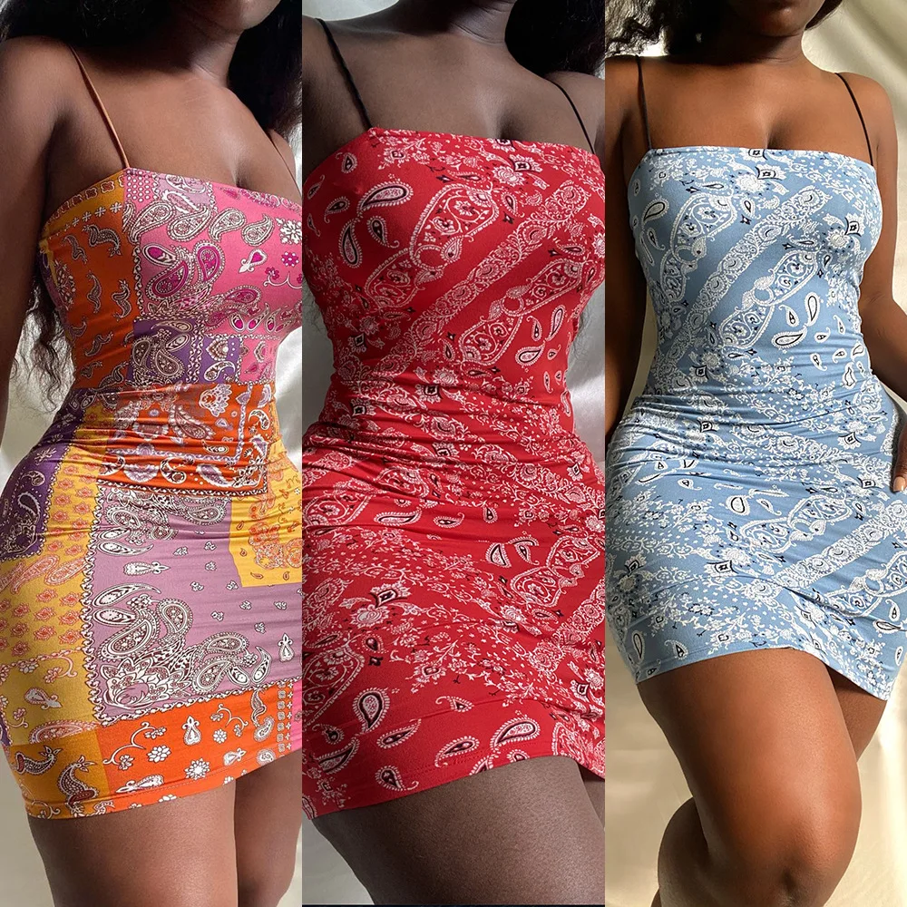 

2021 Summer Sexy Paisley Bandana Sleeveless Halter Bandage Club Wear Spaghetti Strapped Frock Women Mini Elegant Casual Dresses