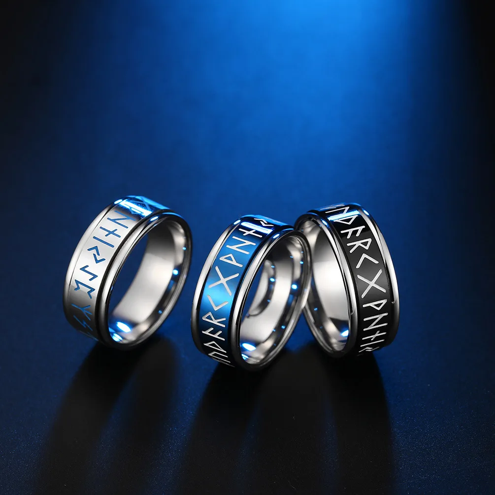 

Factory wholesale rotatable Nordic style titanium steel ring man Viking text ring totem luminous glow men's ring, Blue,black,steel