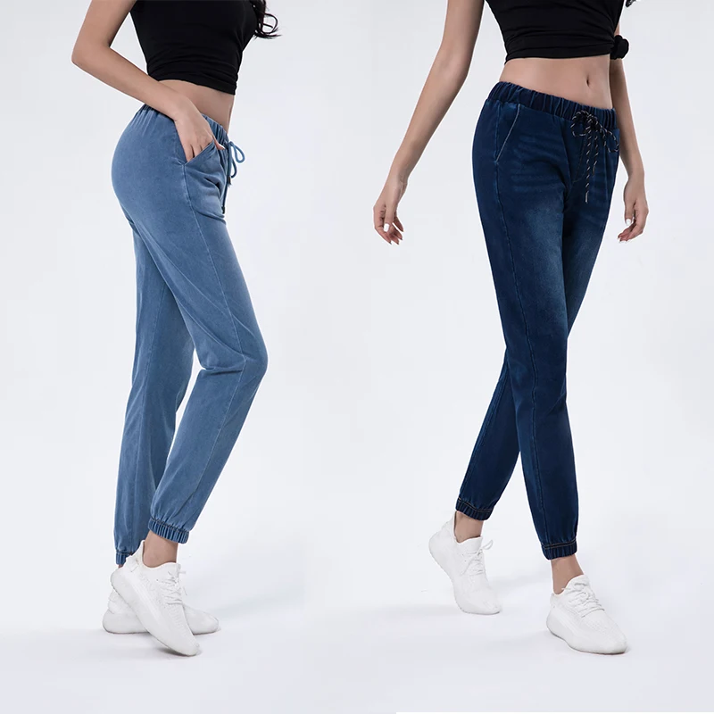 

Comfortable breathable loose jeans wholesale lady retro jeans women's drawstring jeans, Light blue deep blue