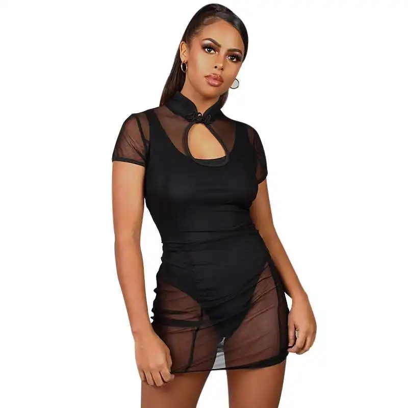 

Summer Women Solid Color Tulle High Split Sexy Dress See Through Mesh Dresses, Picture