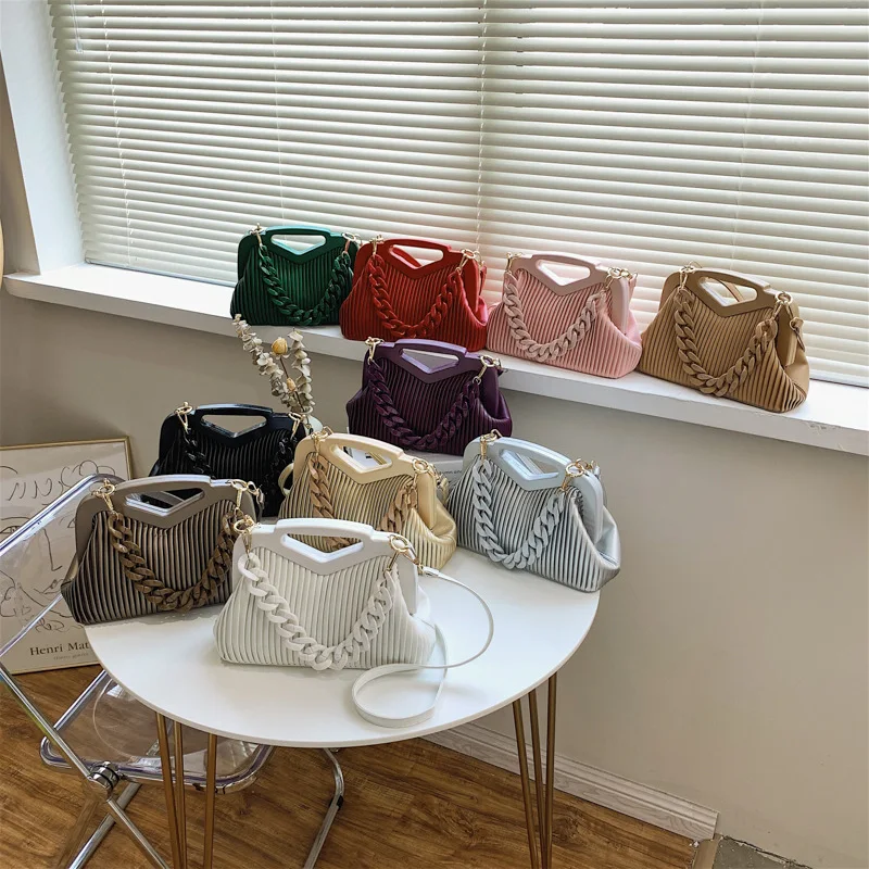 

Wholesale fashion texture fold bags women handbags new arrival triangle handle with acrylic chain cloud hand bags 2021, White, yellow, red, purple, khaki, green, black, pink, coffee, gray