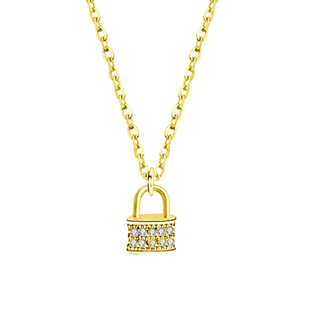 

Classic Fancy 925 Sterling Silver 18K Gold Plated Zircon Pave Full Diamond Tiny Lock Pendant Necklace