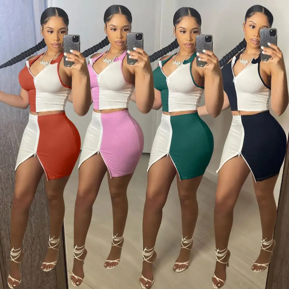 

New summer Women'S Sexy backless split skirt sets contrast color patchwork Rib zipper down women Two Piece skirt set 2021, Pink blue purple women skirt set 2021