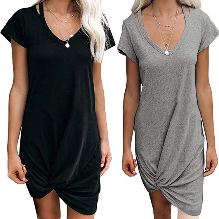 

Summer Fashion Casual Cross Short Sleeve V-neck Loose Comfortable Cotton T-shirt Mini Dress For Women, Picture color