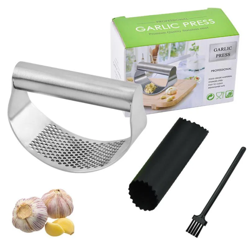 

3 Piece Kitchen Gadgets Stainless Steel Manual Garlic Press Rocker With Silicone Peeler And Brush Set