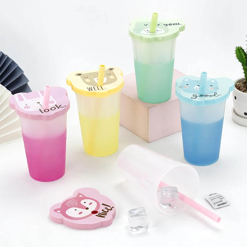 

450ml Cute Cartoon Lid Pastel Colored Juice Iced Changing Color Cup With Straw, As picture