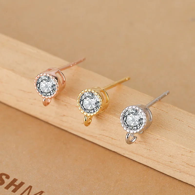 

925 Sterling Silver Round Zircon Stud Earring Post With Loop Ear Stud Components Earring Making Finding