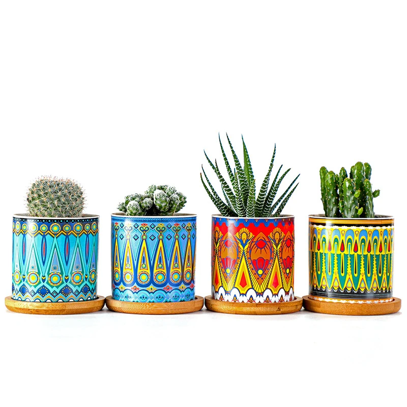 

Nordic simple Mandala ceramic multi meat flowerpot geometric straight tube custom floral bamboo base, Balck white