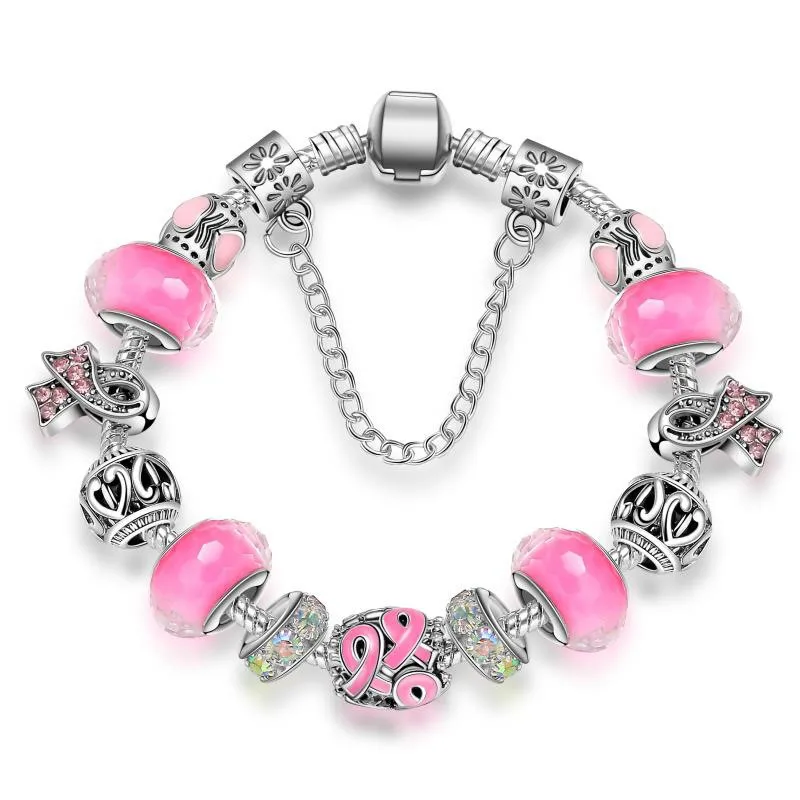 

Silver Plating Snake Chain Pink Ribbon Breast Cancer Awareness Big Hole Beads Bracelets for Women Survivor Souvenir Gift