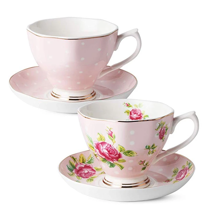 

Amazon factory promotional price english fine bone china ceramic coffee tea cup and saucer with flower pattern