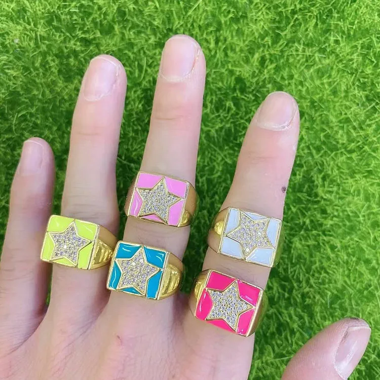 

RM1206 Hot Selling Enamel 18k Gold Plated Star Square Adjustable Rings for Ladies