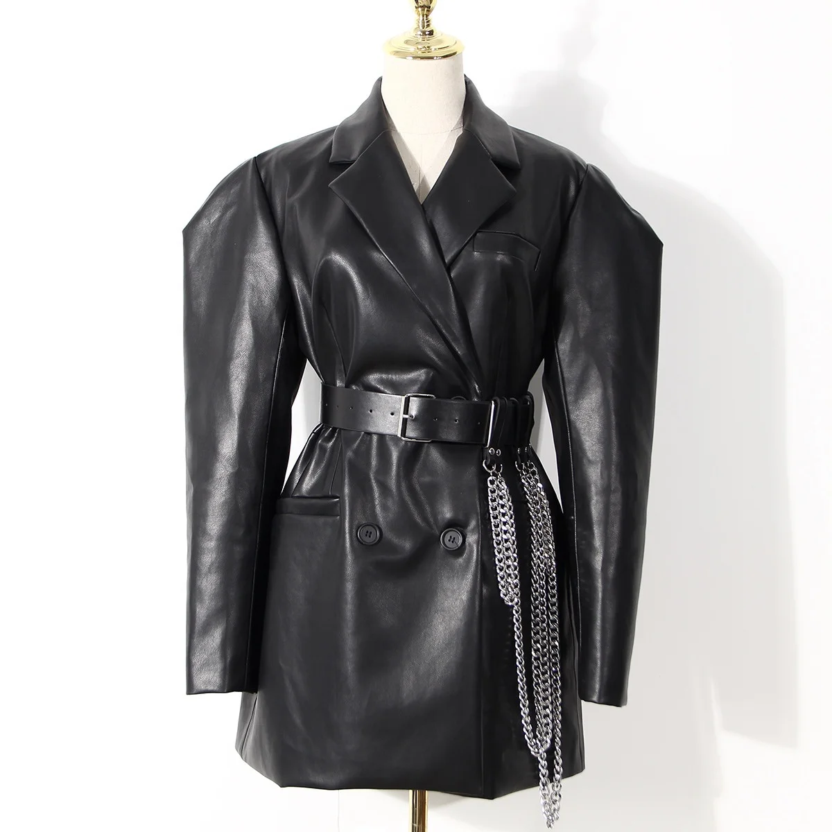 

2021 Winter PU leather Jacket Bubble Shoulder Blazers Double-breasted Leather Blazer Women, Black