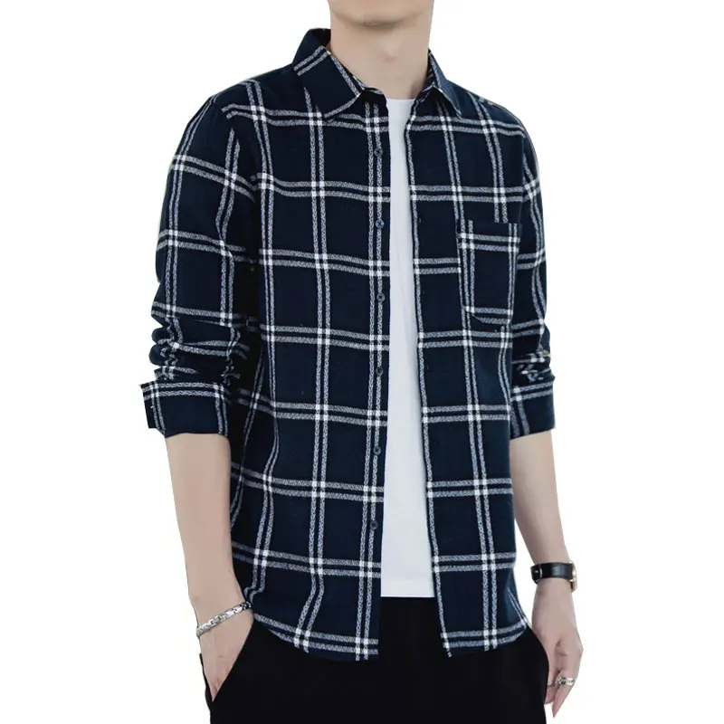 

Streetwear Men Shirt Fashion Plaid Long Sleeve Shirt Casual Blue Red M-3XL Men Shirt Long Sleeve