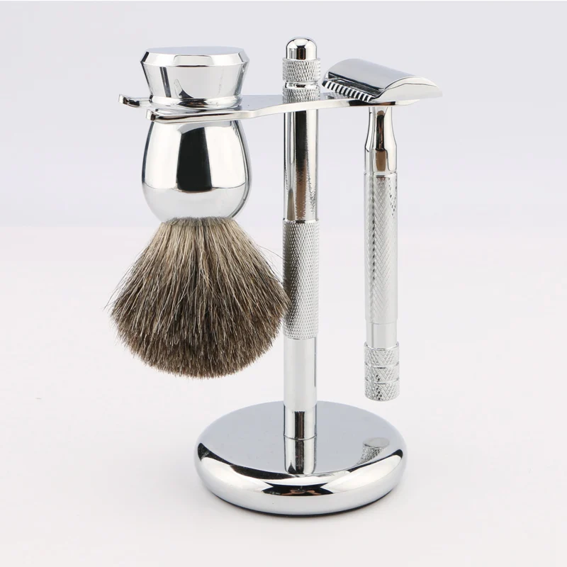 

RTS Small MOQ 4 In One Shaving Set Including Safety Razor,Razor Stand,Shaving Brush and 5 Blades Classical Shaving Kit For Men, Silver and black