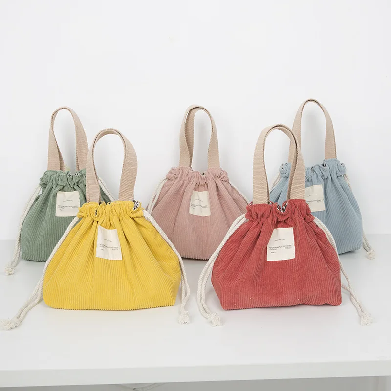 

Lunch Bag Corduroy Canvas Lunch Box Drawstring Picnic Tote Eco Cotton Cloth Small Handbag Dinner Container Food Storage Bags, As per as pictuer is