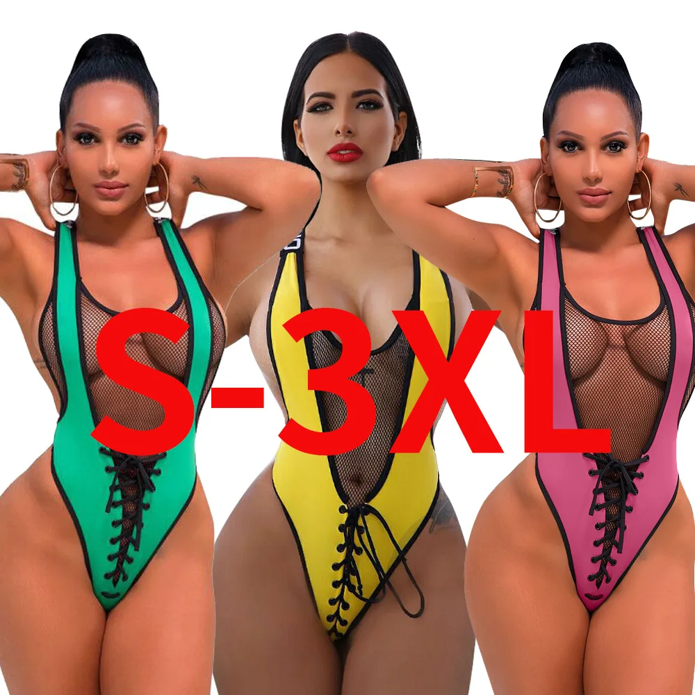 

fashion Summer 2021 new arrivals contrast color sexy bandage one piece tankini swimwear women beach wear, Color as picture