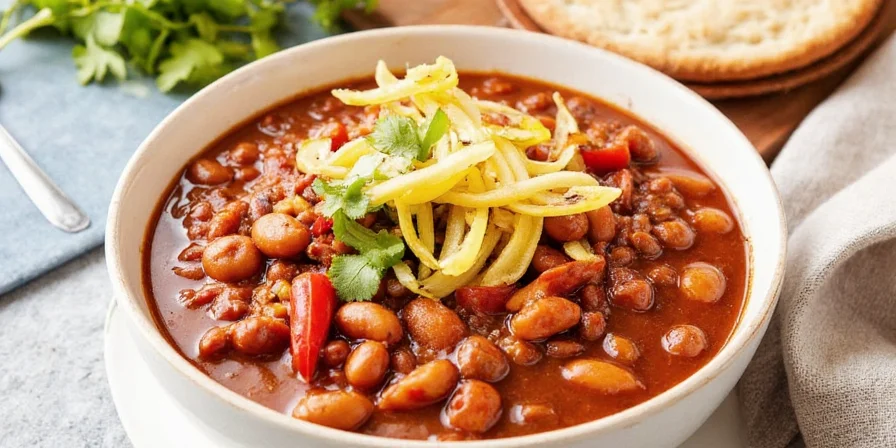 Delicious chili served in a rustic bowl with toppings