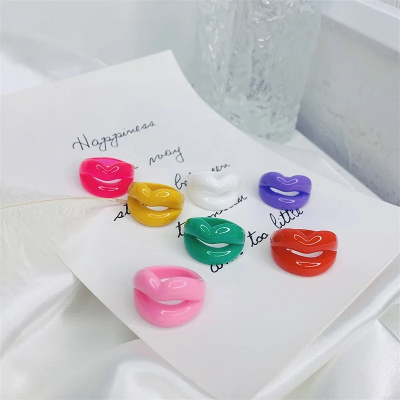 

JUHU 2021 INS Fashion sexy Acrylic ring for women sweet lovely colorful Resin Ring Jewelry Wholesale resin red lip ring resin