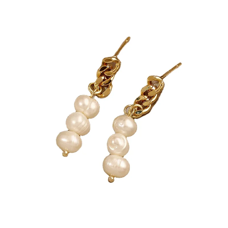

2021 Luxury Unusual S925 Silver Needle Baroque Pearl Earrings 18K Gold Link Chain Pearl Drop Earring For Girls