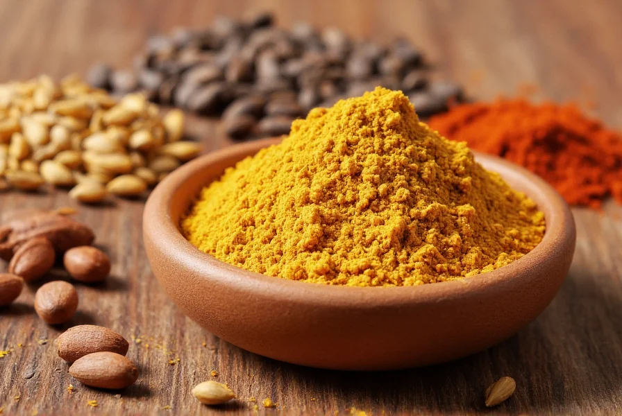 Close-up of asafoetida powder in a small bowl next to whole spices including cumin seeds and mustard seeds on wooden background