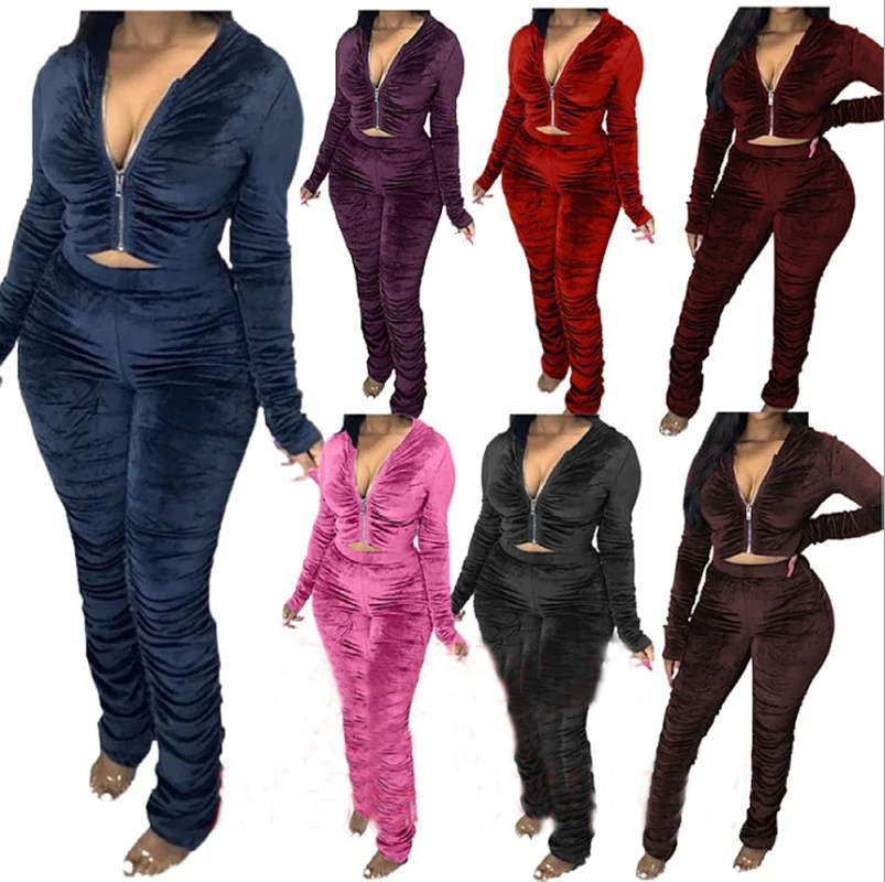 

fashion fashion Velour solid color Fit Jogging velvet two piece suit women fleece long pant Tracksuit Sweatsuit 2 piece set