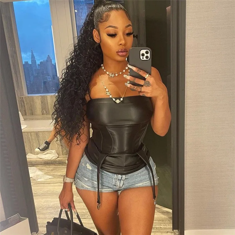 

Sexy Women Fashion PU Sling Sleeveless Zipper Black Bodycon Crop Tops Fall 2021